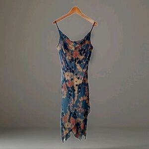 Vintage 90s Eva Blue Beaded Floral Asymmetrical Midi Dress Spaghetti Strap Slip